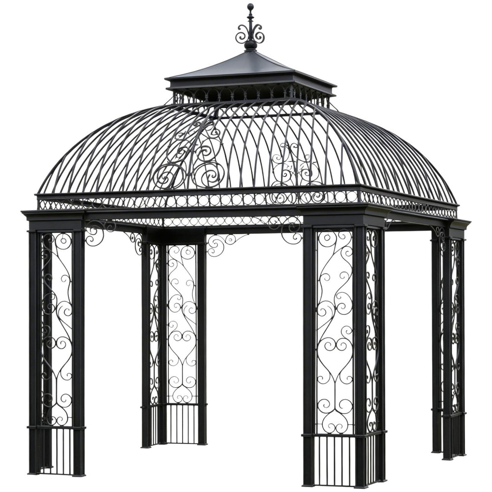 Square ornamental pergola with dome‑top scrollwork roof and decorative columns
