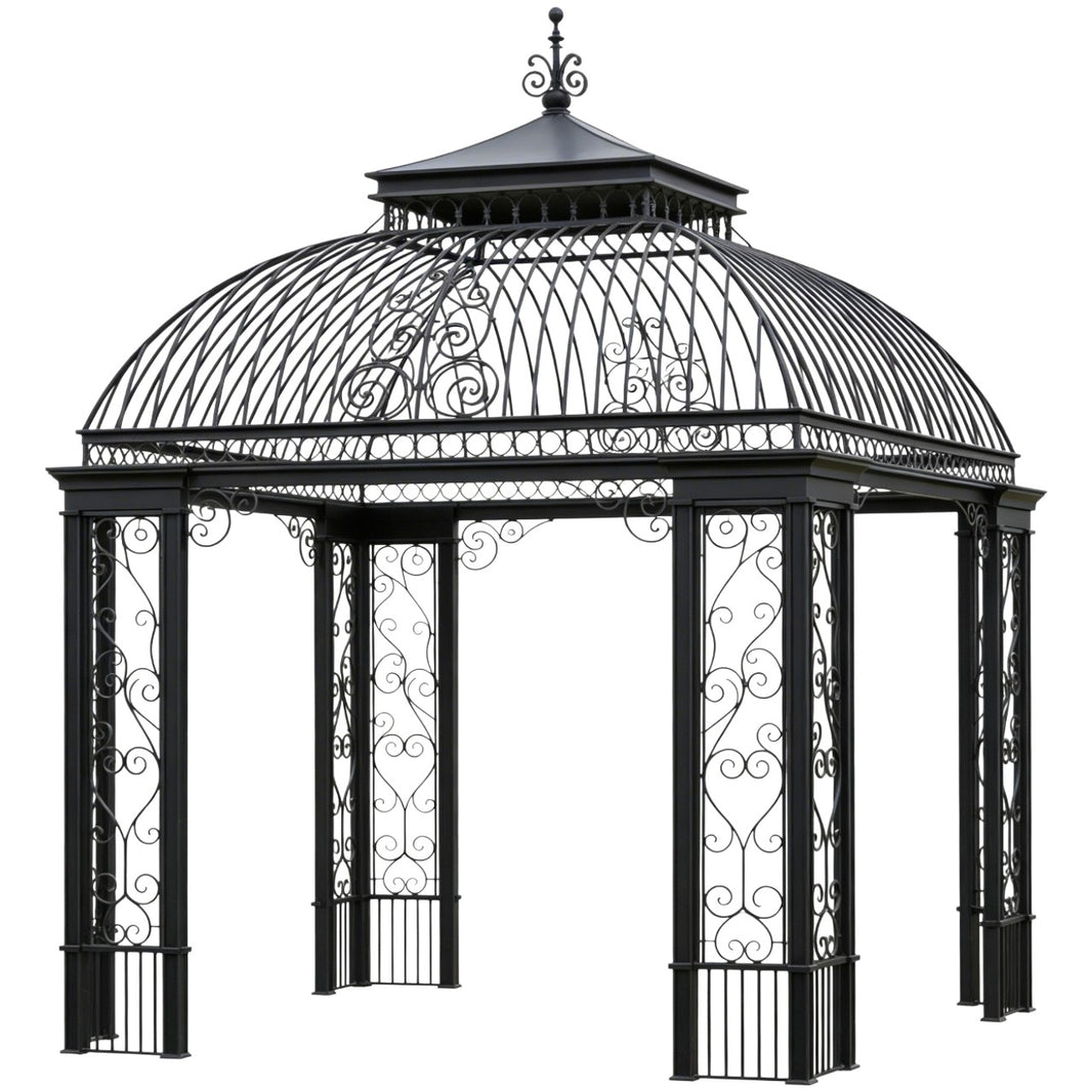 Square ornamental pergola with dome‑top scrollwork roof and decorative columns