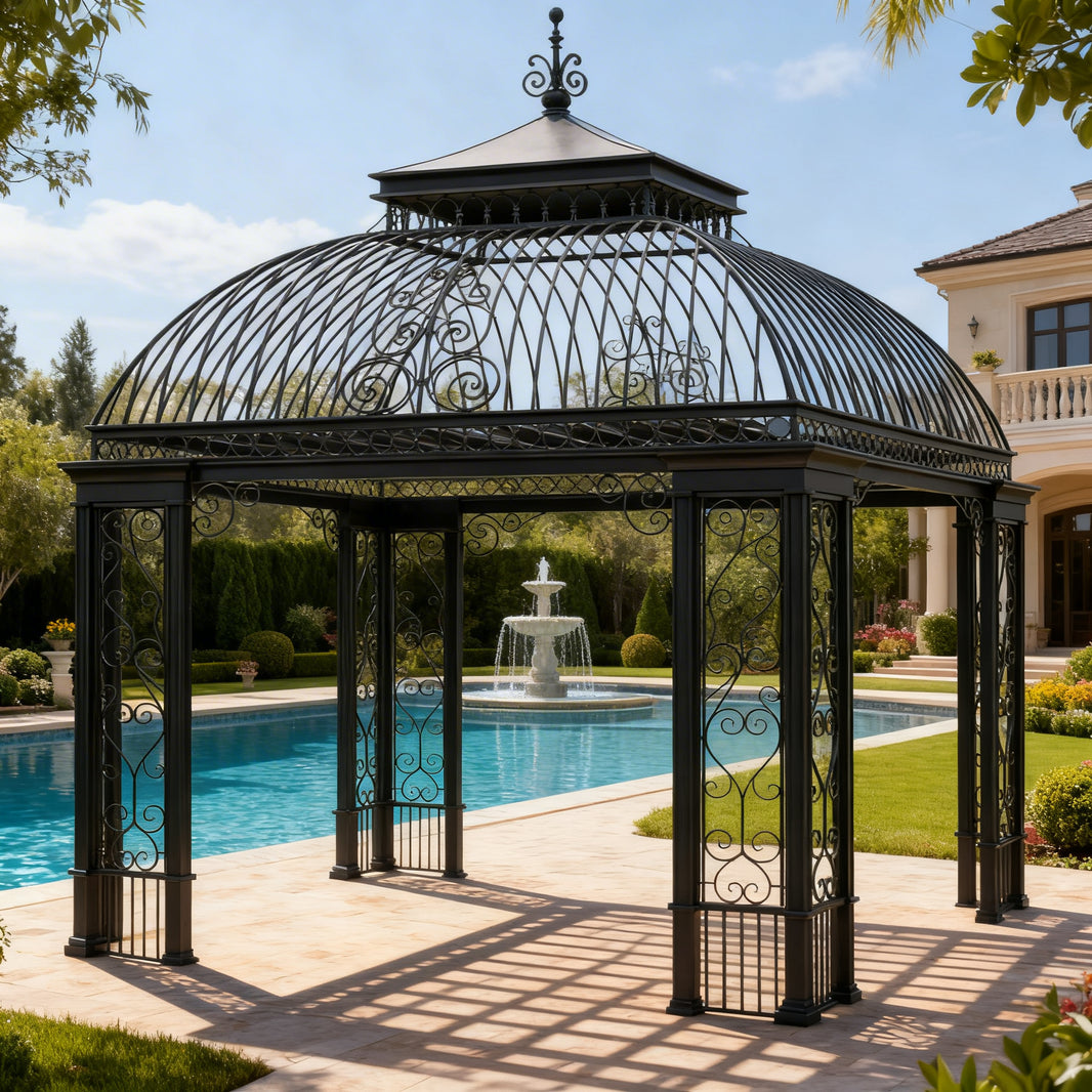 Front view of square steel pergola with wrought‑iron style detailing