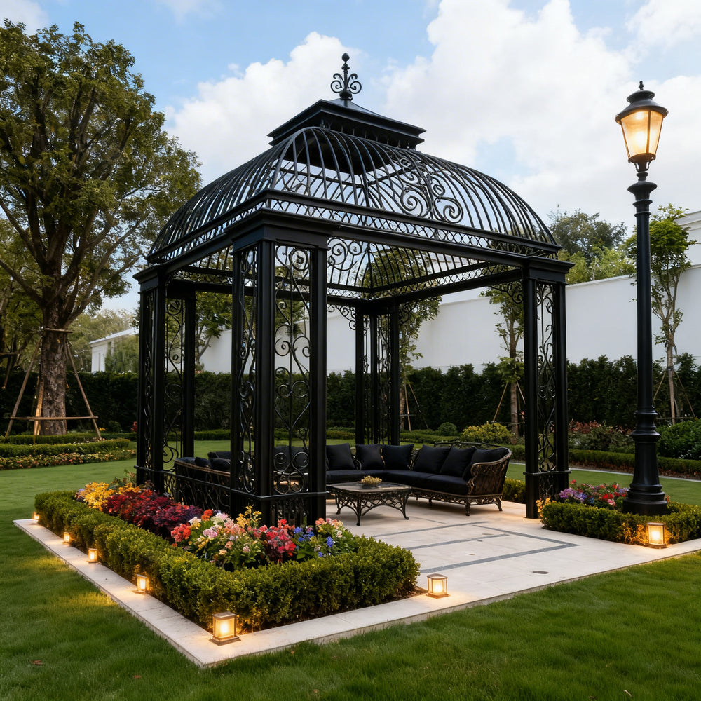 Side angle of square pergola featuring scrollwork columns and dome roof