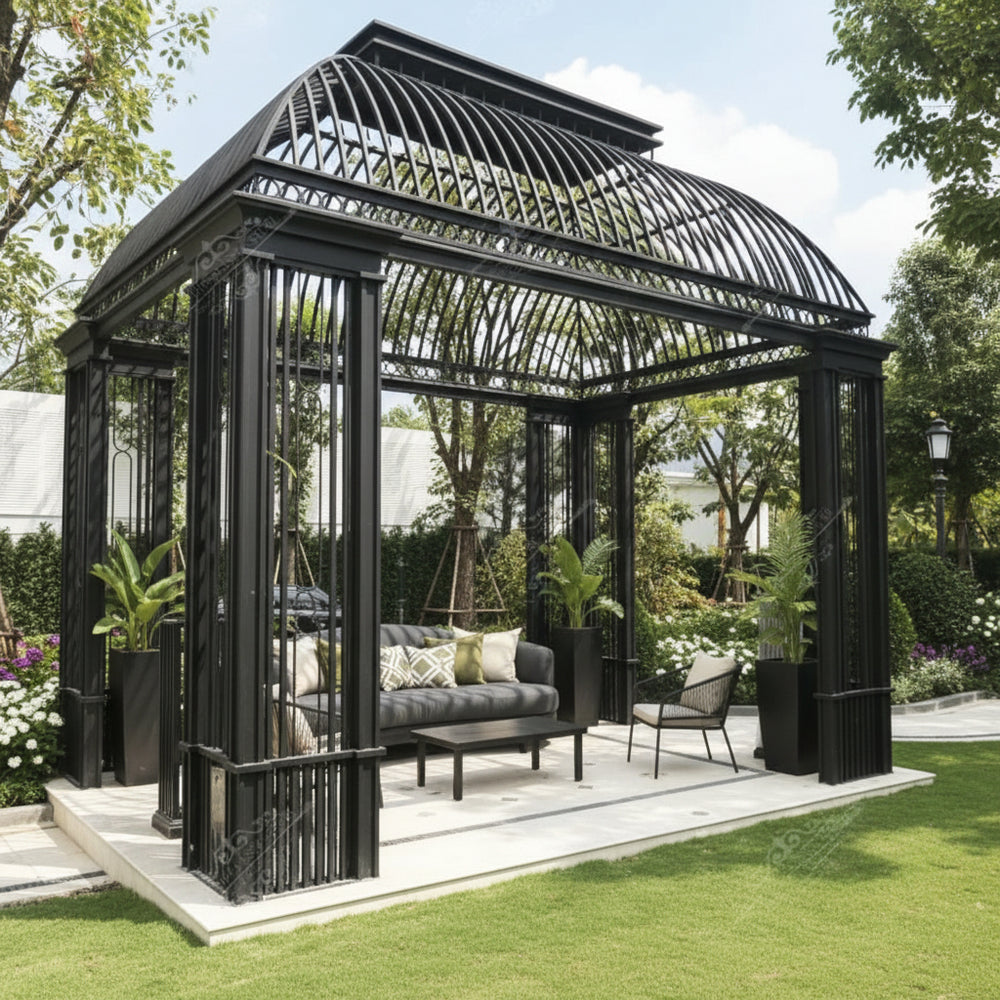 Close‑up of scrollwork dome and decorative column panels