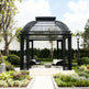 Full product view of square ornamental pergola with crowned roof