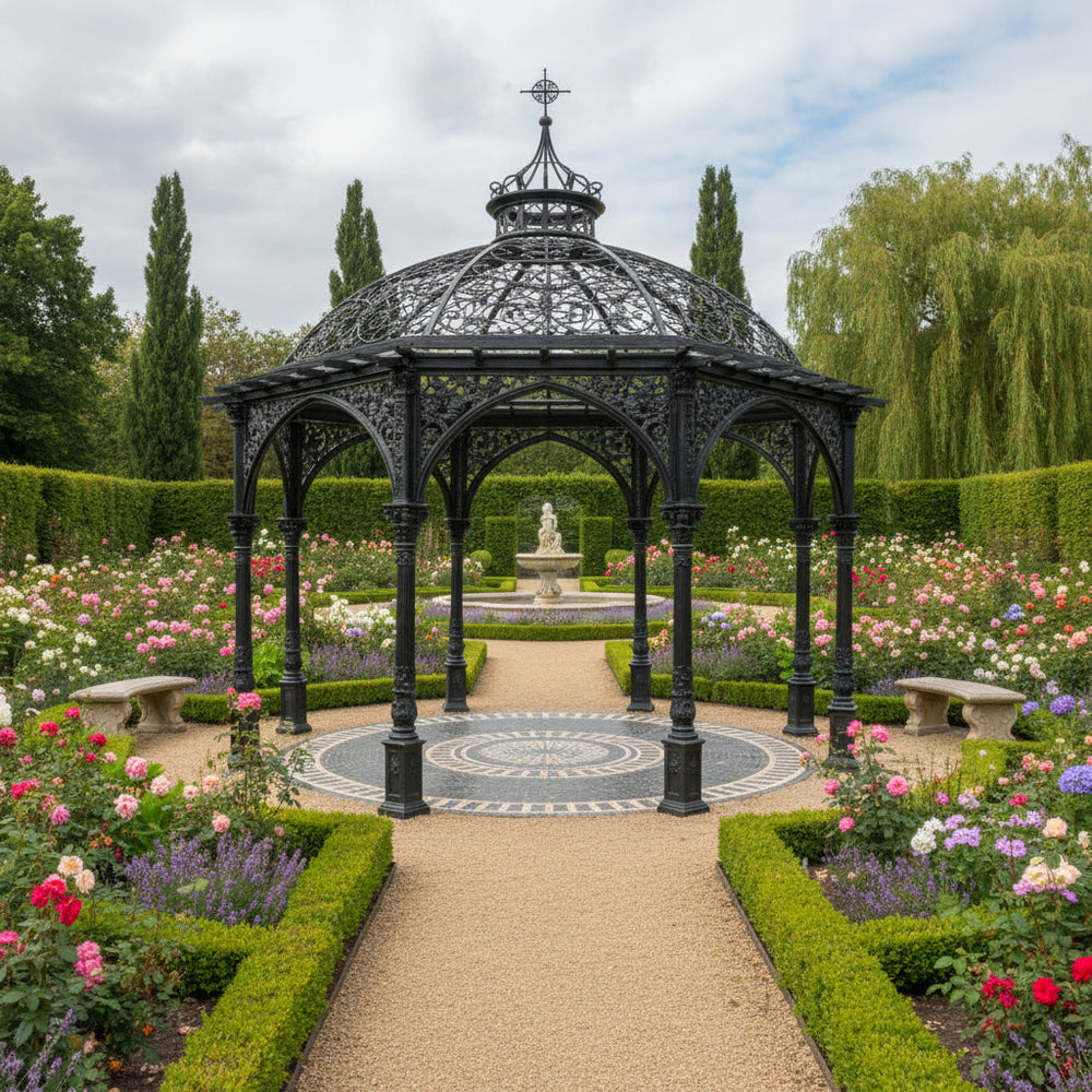 Ornate black gazebo in a garden with flowers and a fountain.