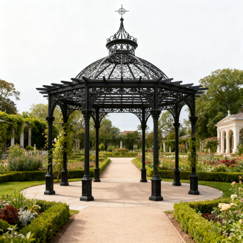 Black metal gazebo in a garden setting with pathways and greenery.