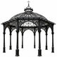 Gothic steel pergola with pointed arches and scrollwork dome roof