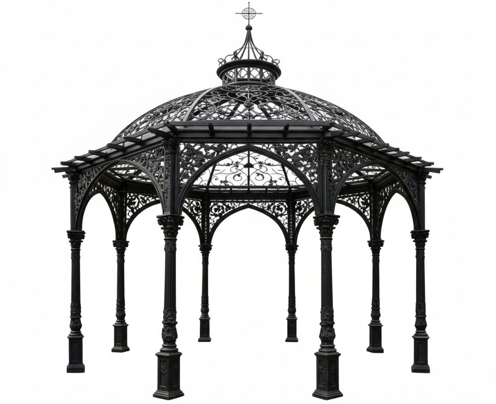 Gothic steel pergola with pointed arches and scrollwork dome roof