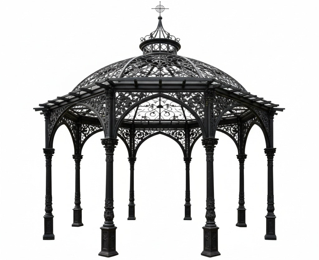 Gothic steel pergola with pointed arches and scrollwork dome roof