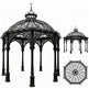 Black metal gazebo with intricate designs on a white background