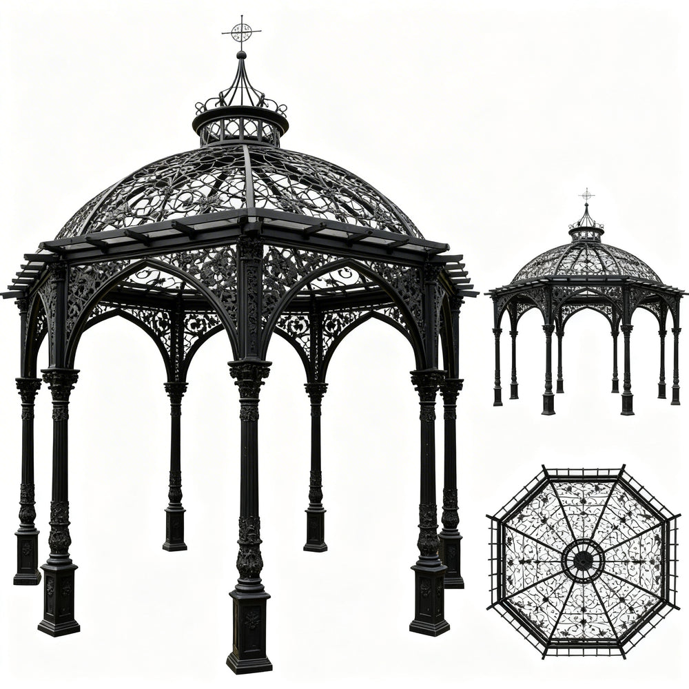 Black metal gazebo with intricate designs on a white background