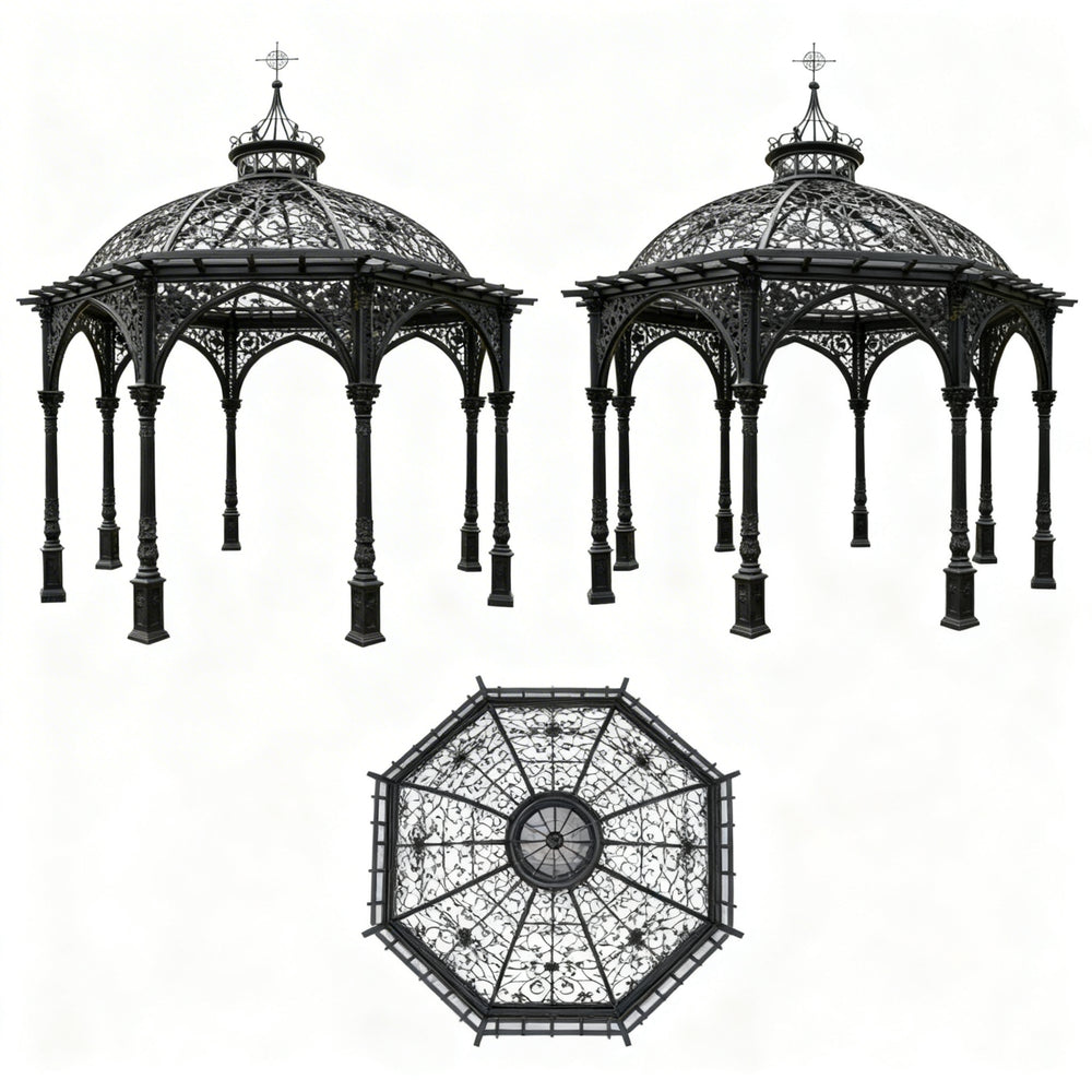 Ornamental pergola with Gothic arches and decorative finial