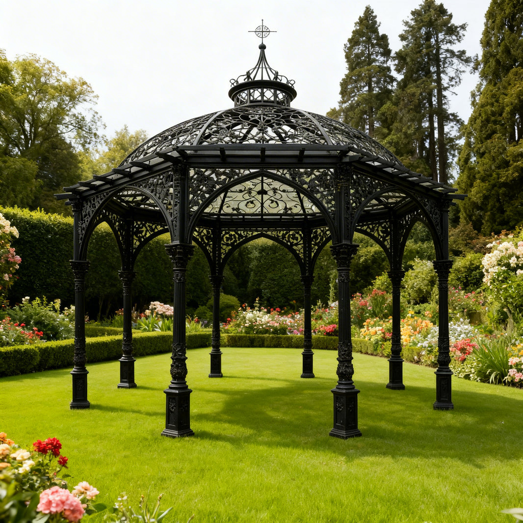 Gothic steel pergola with pointed arches and scrollwork dome roof