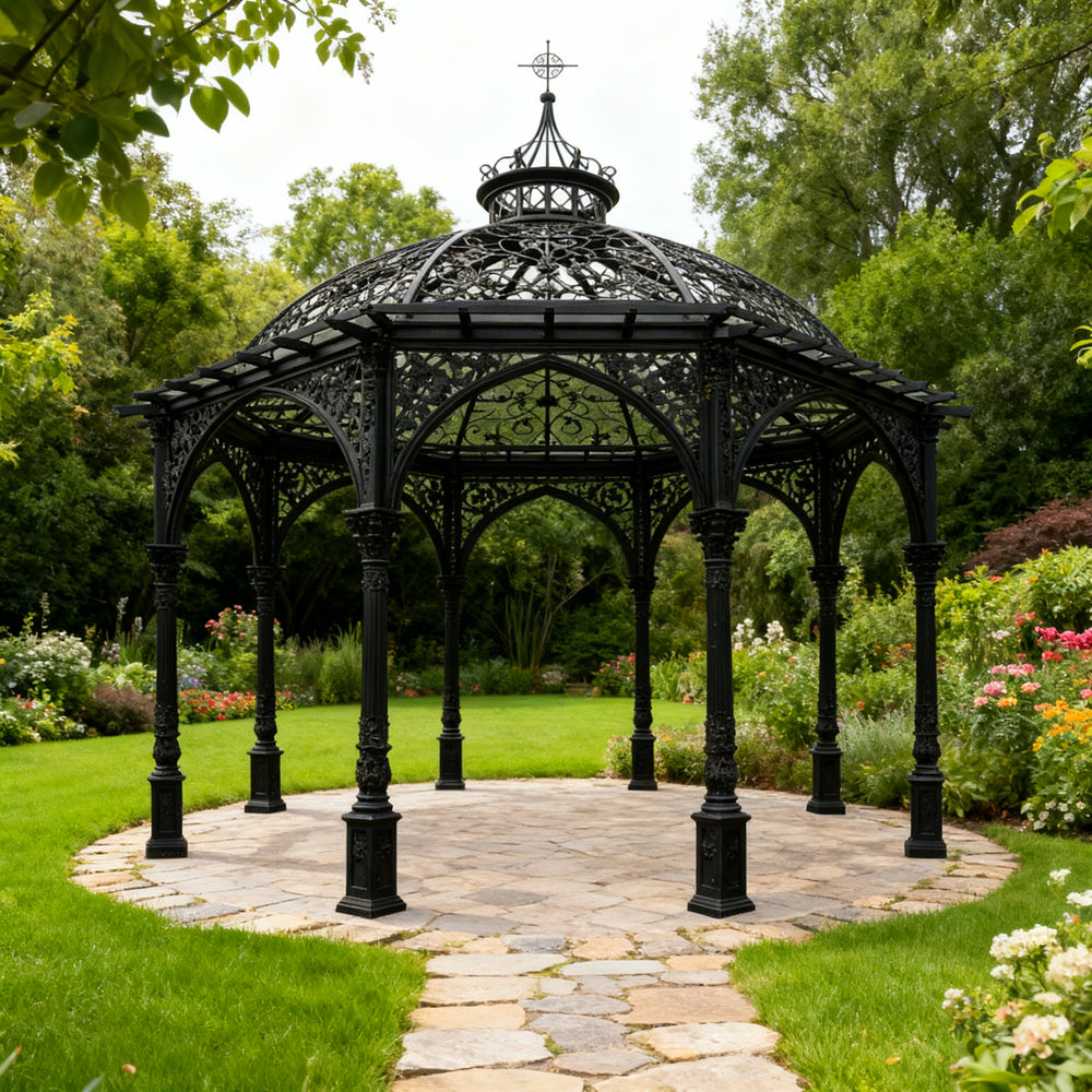 Ornamental pergola with Gothic arches and decorative finial.