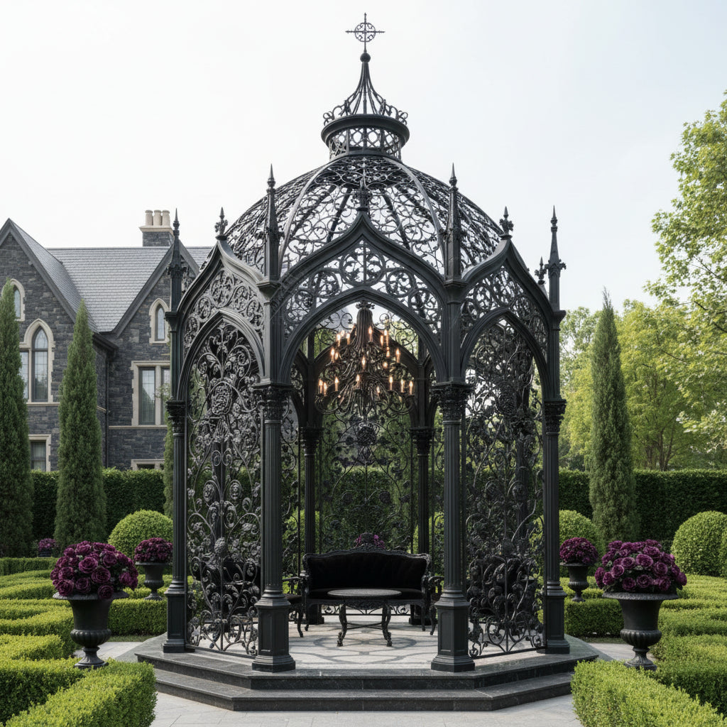 Gothic‑Style Round Ornamental Steel Dome Pergola with Decorative Columns | Model FS109