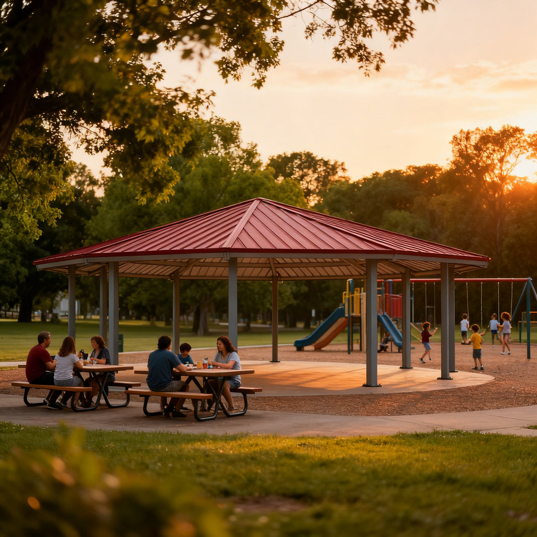 Front view of 12‑sided steel pavilion featuring wide‑span hip roof