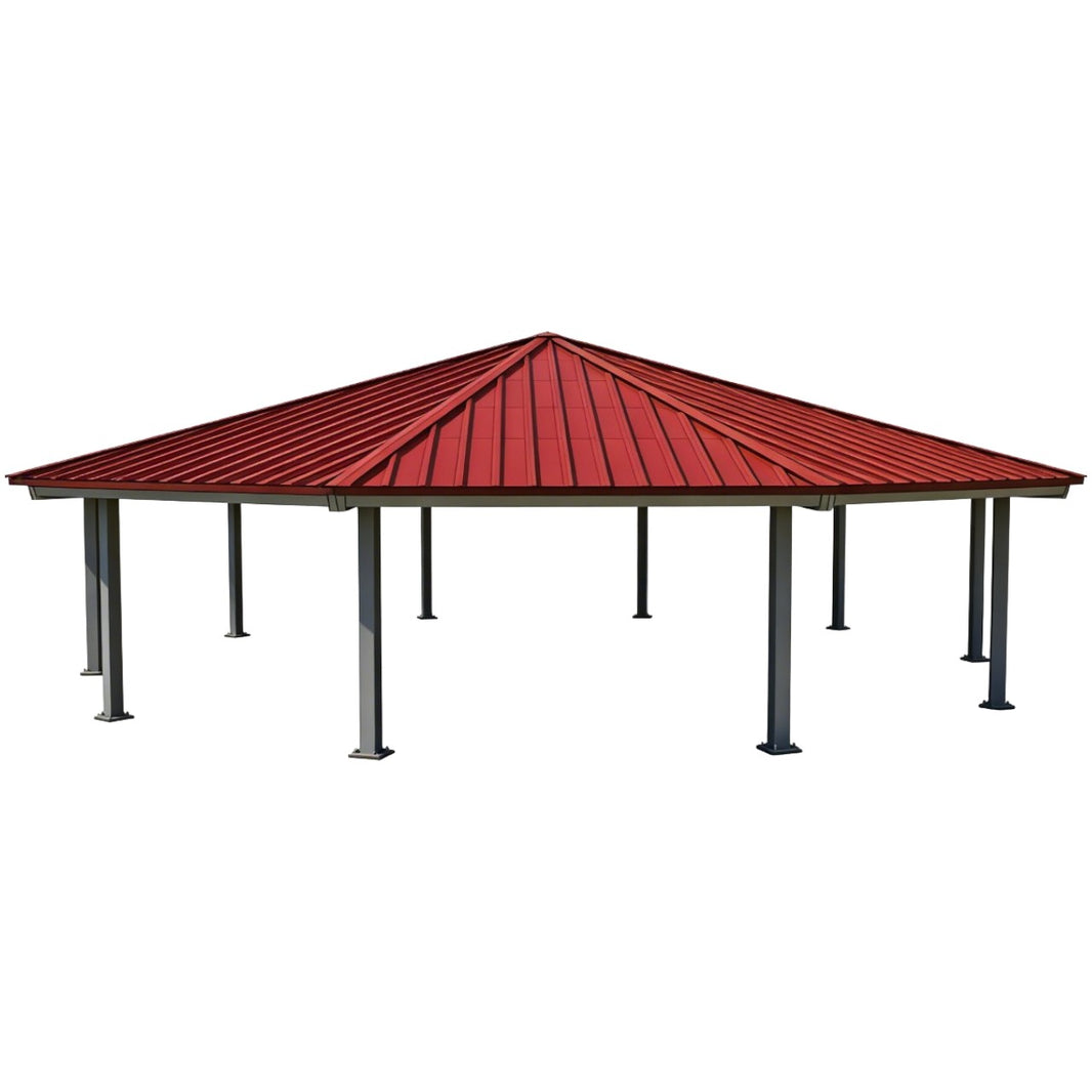 Large dodecagon steel pavilion with red metal roof and multiple support columns.