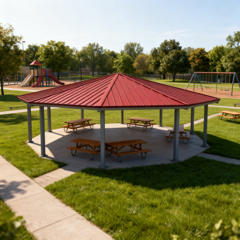 Full product view of dodecagon steel gazebo with hip roof and modern design
