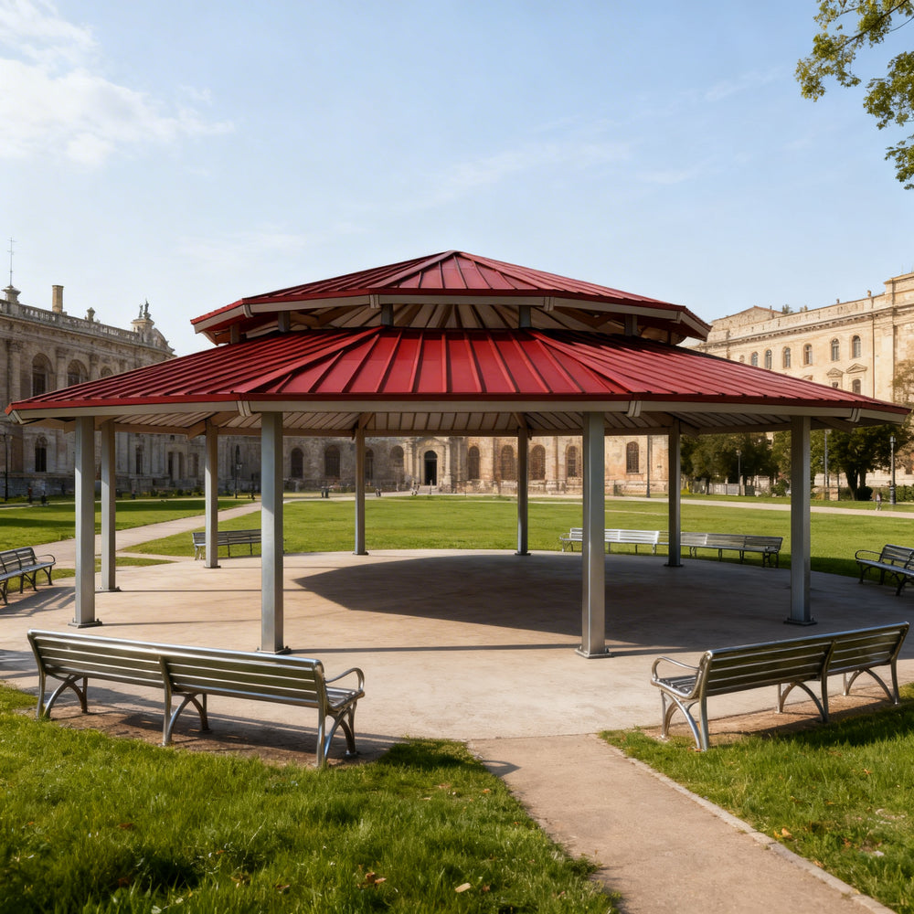 Large dodecagon two‑tier steel pavilion with red metal roof and multiple support columns