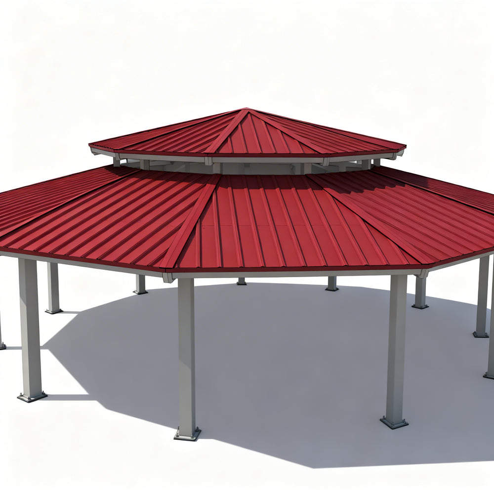 Full product view of dodecagon steel gazebo with two‑tier roof and modern design.