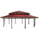 Large dodecagon two‑tier steel pavilion with red metal roof and multiple support column