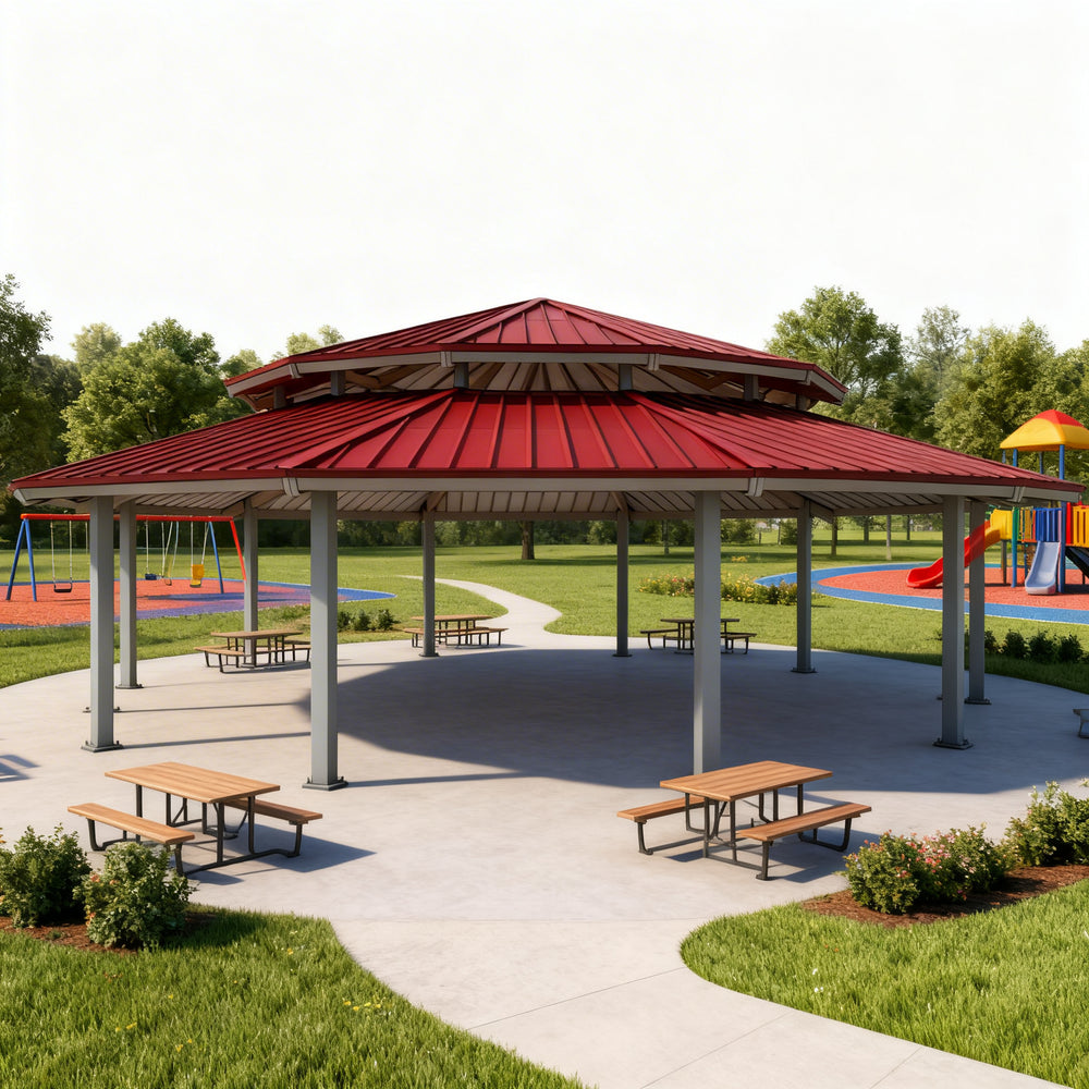 Front view of 12‑sided steel pavilion featuring vented two‑tier hip roof