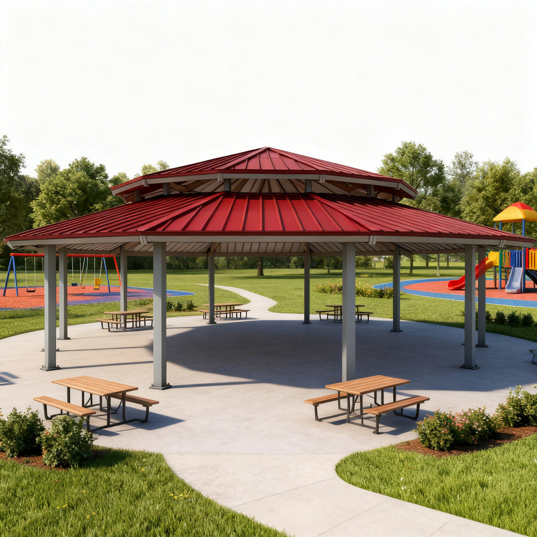 Front view of 12‑sided steel pavilion featuring vented two‑tier hip roof
