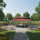 Side angle of dodecagon metal pavilion with red roof and open‑air layout