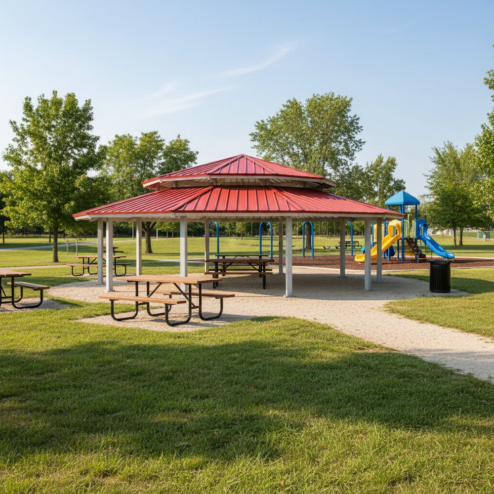 Top‑down angle showing 12‑sided pavilion roof geometry and column layout.