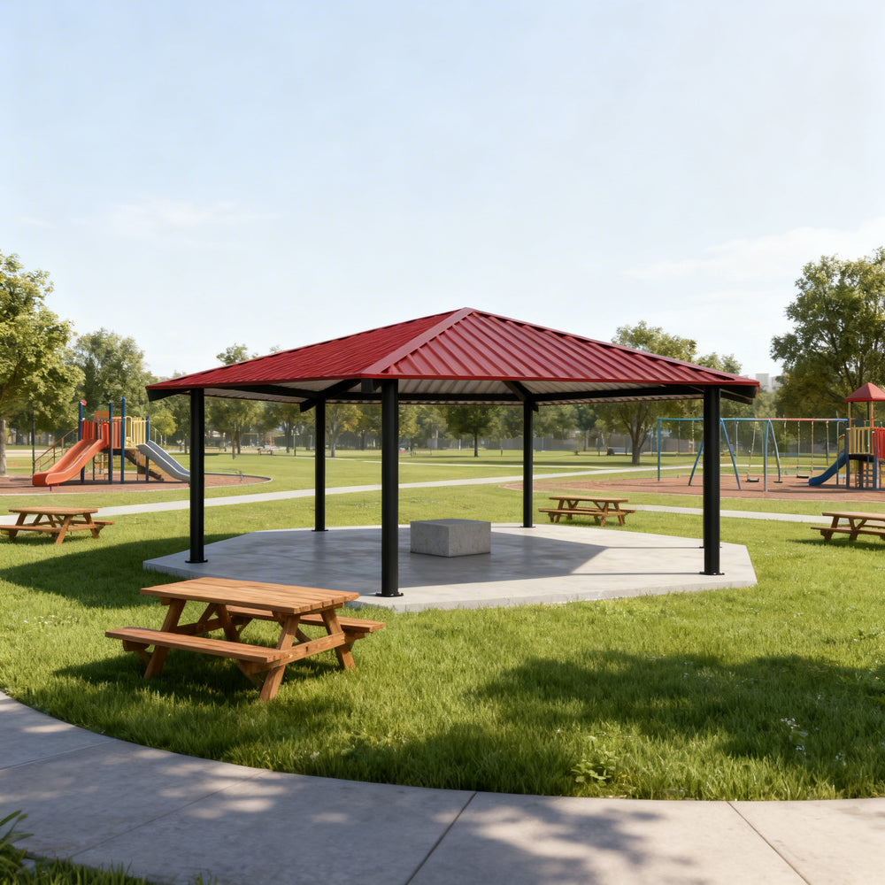 Full product shot of hexagon steel structure gazebo with one‑tier roof, isolated on clean background
