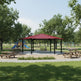 Hexagon steel gazebo photographed in natural daylight with visible roof texture