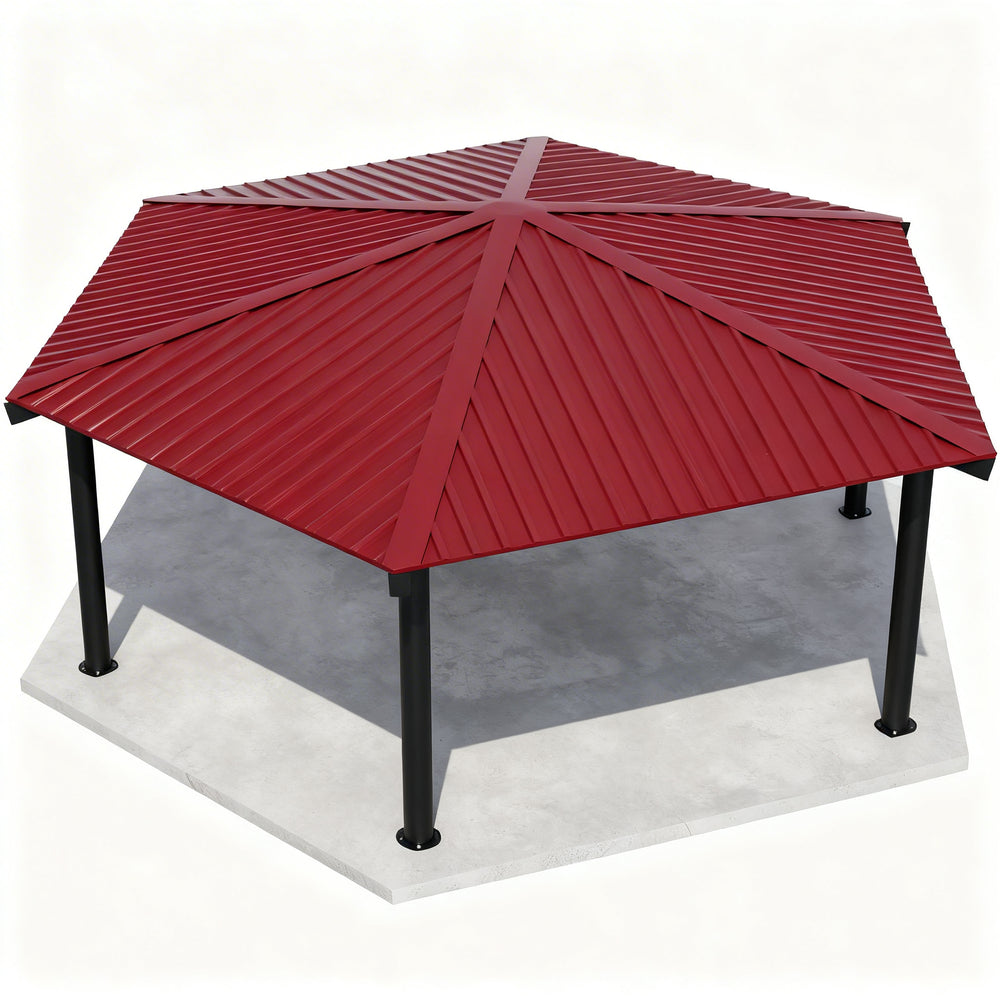 Hexagon one‑tier steel park gazebo with a modern metal frame, open‑air design, and durable steel roof, shown in a clean product view