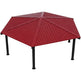 Red patio umbrella with black stand on a white background