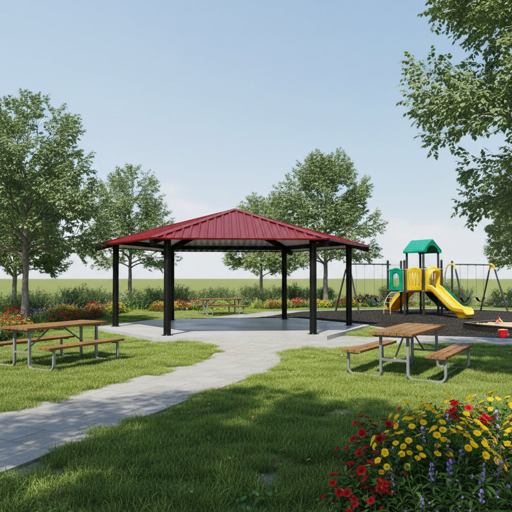 Side angle of hexagon steel gazebo showing durable steel posts and clean architectural lines