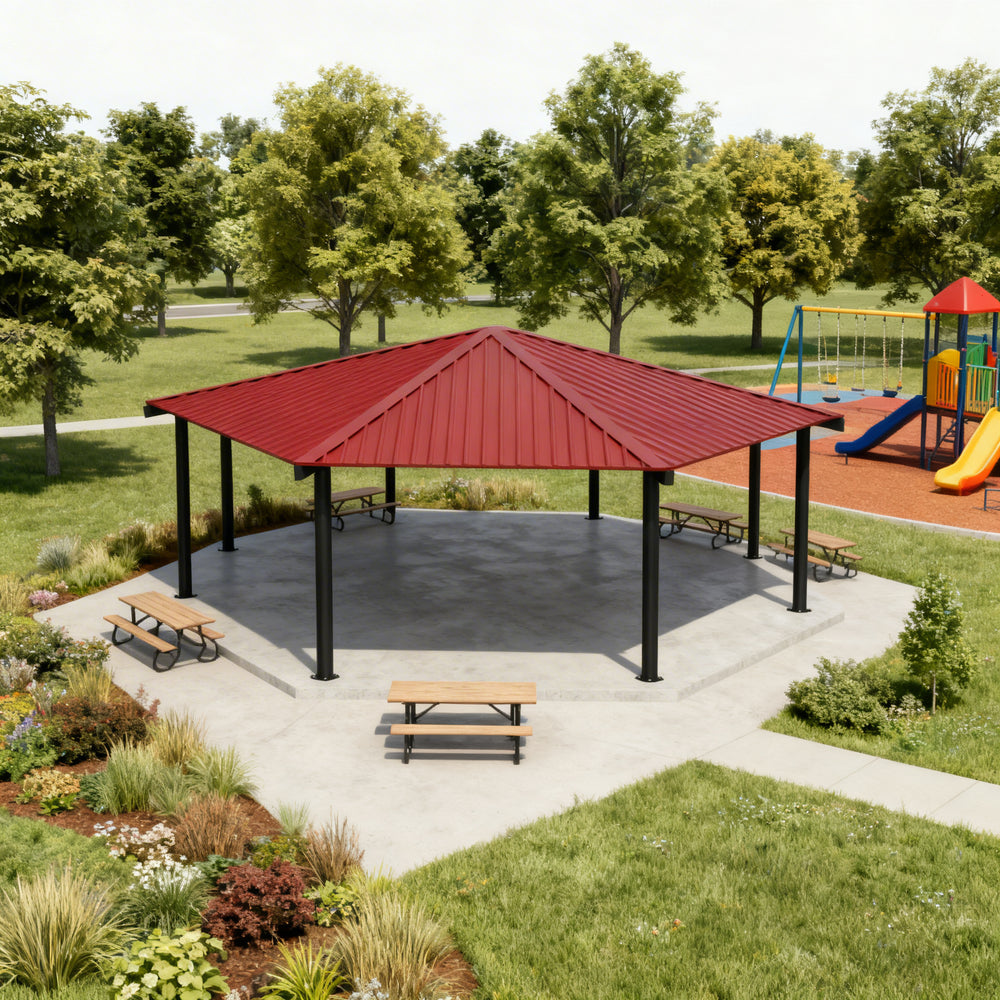 Interior view of hexagon gazebo showing open layout and steel support beams