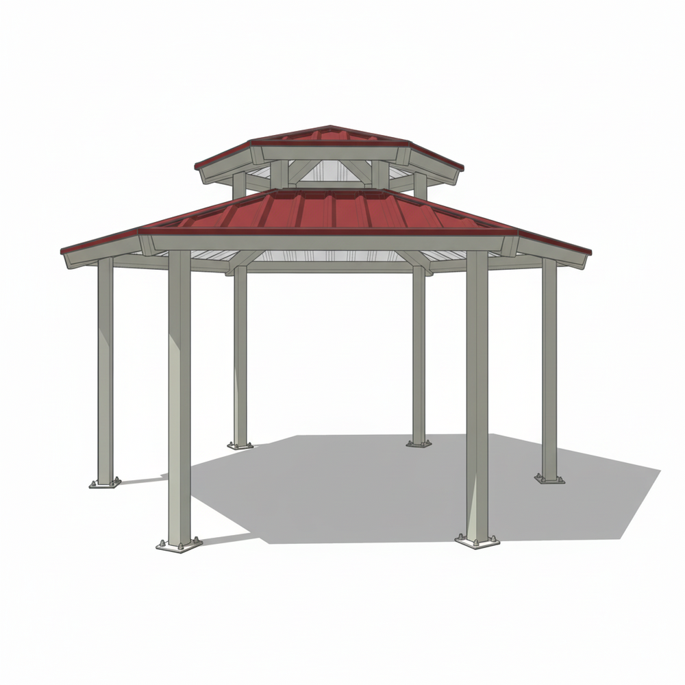 Close‑up of steel roof structure and vertical posts on hexagon gazebo