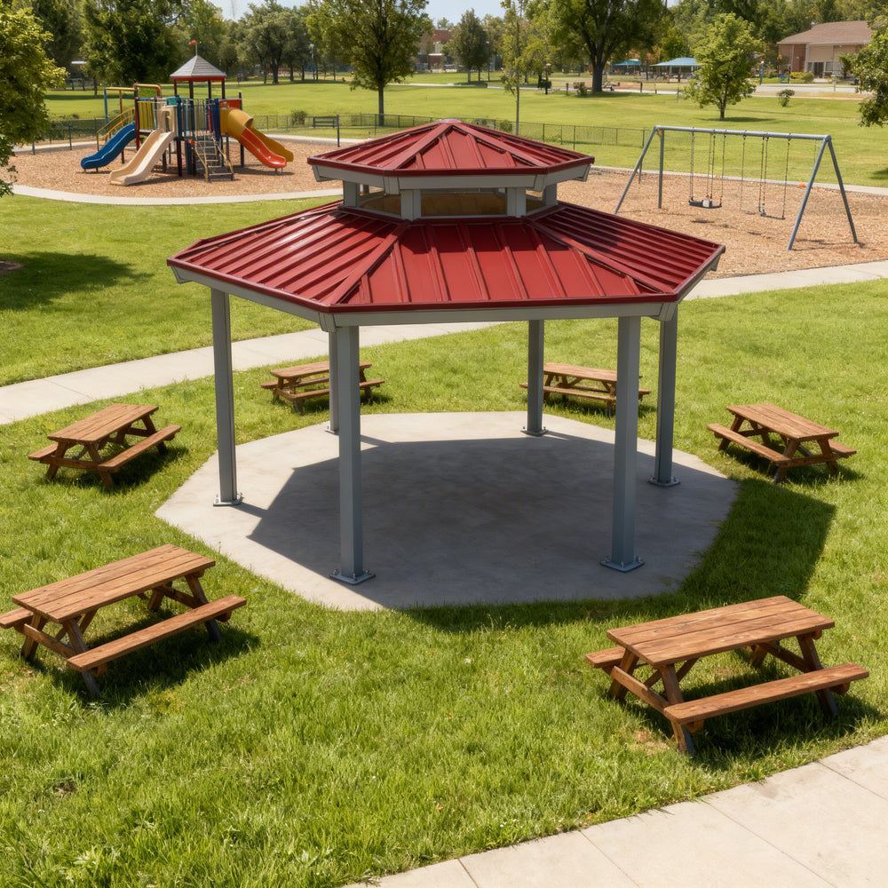 Wide outdoor view of hexagon steel gazebo installed on concrete platform
