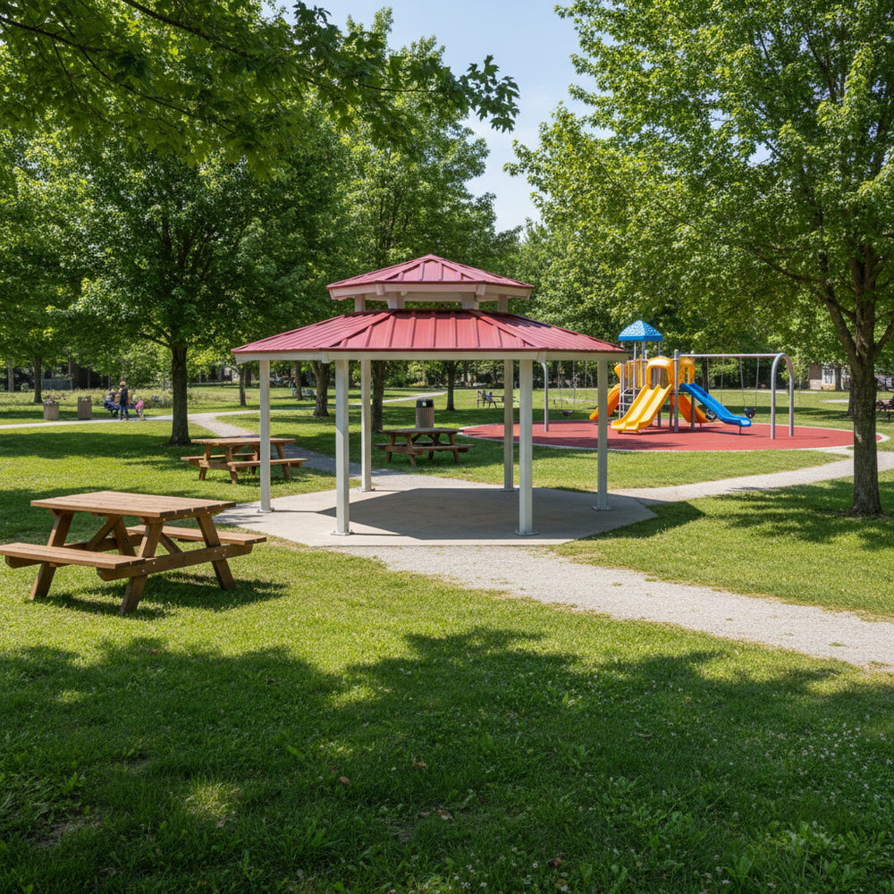 Front view of steel gazebo with open‑air hexagon design and metal roof