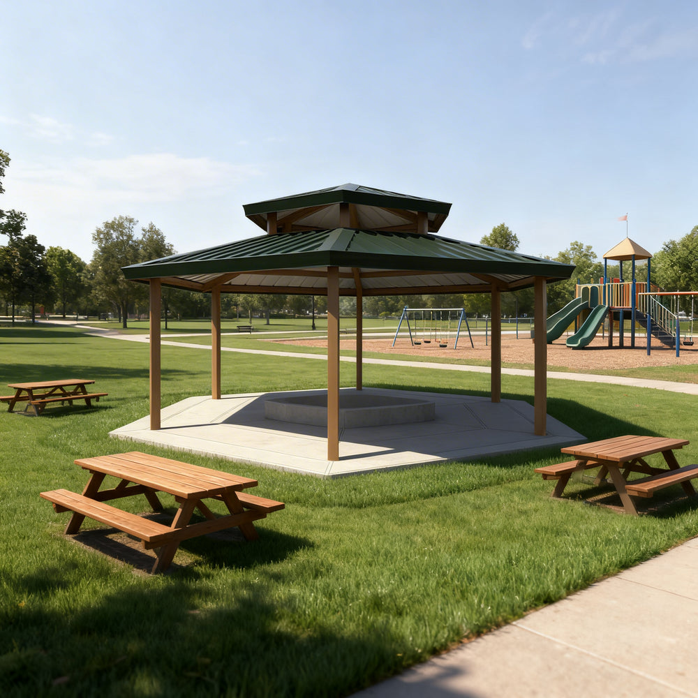 Three‑quarter angle of two‑tier hexagon gazebo showing roof ventilation design.