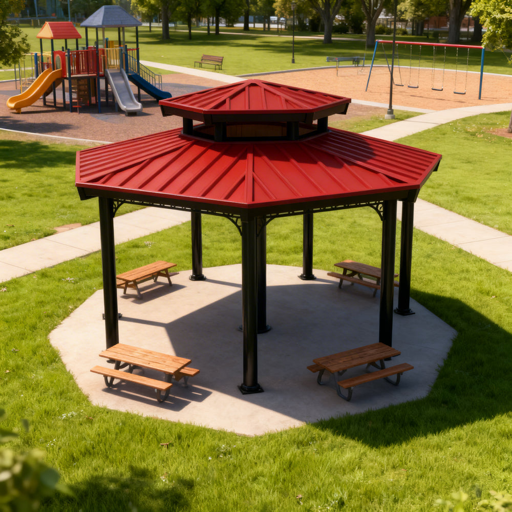 Full product view of two‑tier steel structure gazebo with red metal roof