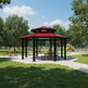 Full product view of two‑tier steel structure gazebo with red metal roof
