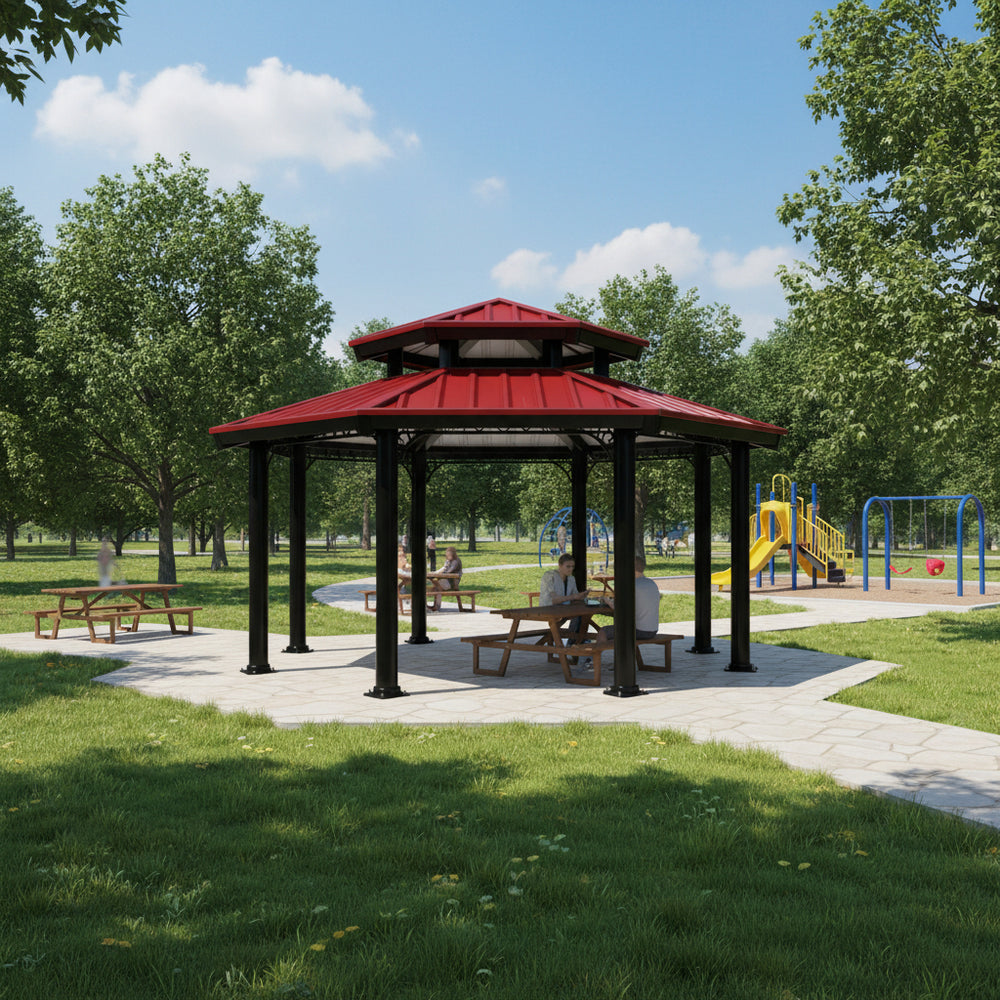 Full product view of two‑tier steel structure gazebo with red metal roof
