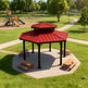 Hexagon two‑tier steel gazebo with vented upper roof and decorative metal bracing