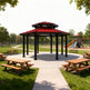 Gazebo with red roof in a park setting with picnic tables and playground equipment.