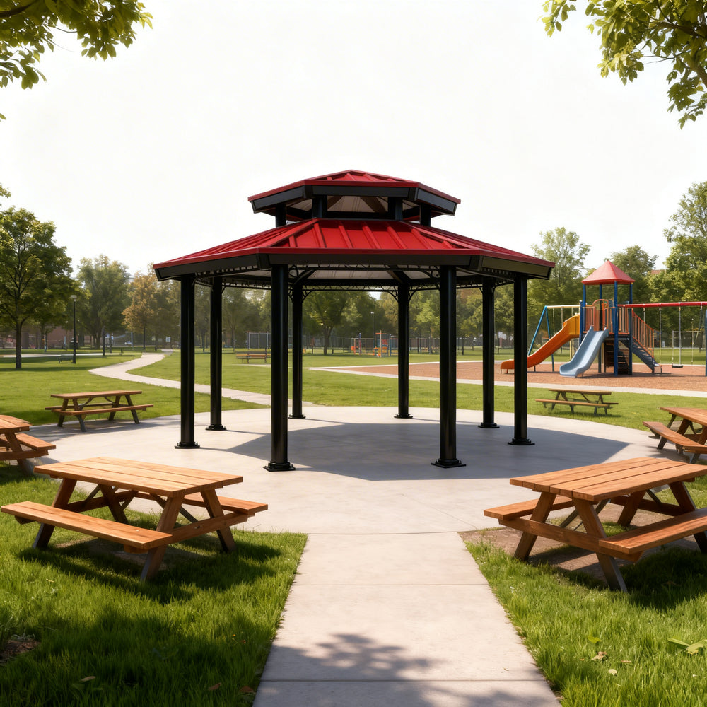Gazebo with red roof in a park setting with picnic tables and playground equipment.