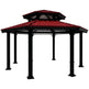 Hexagon steel gazebo with red metal roof and black support columns on concrete base