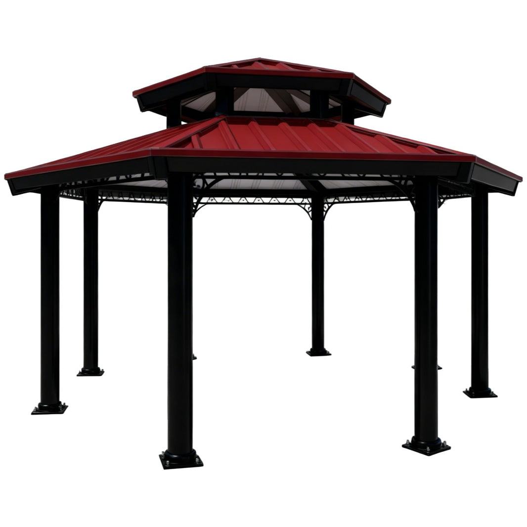 Hexagon steel gazebo with red metal roof and black support columns on concrete base