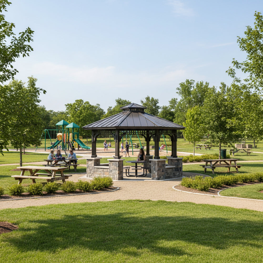 Hexagon two‑tier steel gazebo with stone columns, built‑in seating, and central firepit