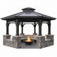 Hexagonal gazebo with stone foundation, fire pit, and seating area on a white background