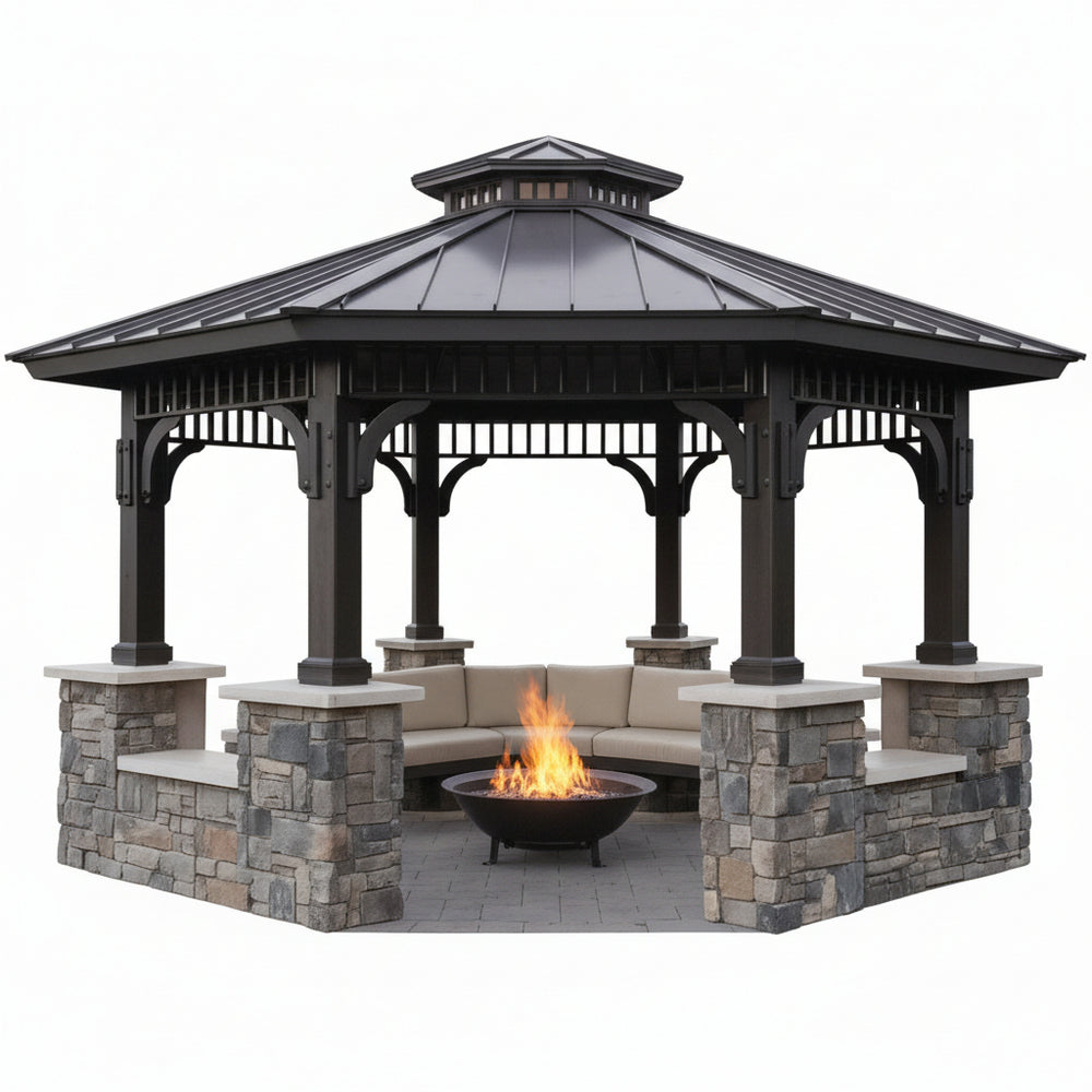 Hexagonal gazebo with stone foundation, fire pit, and seating area on a white background