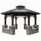 Hexagon two‑tier steel gazebo with stone columns, built‑in seating, and central firepit