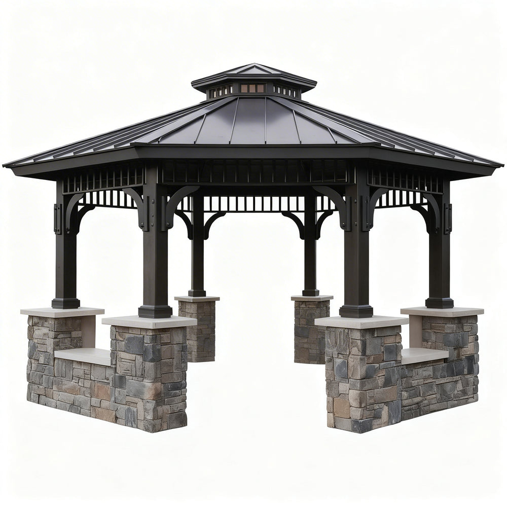 Hexagon two‑tier steel gazebo with stone columns, built‑in seating, and central firepit